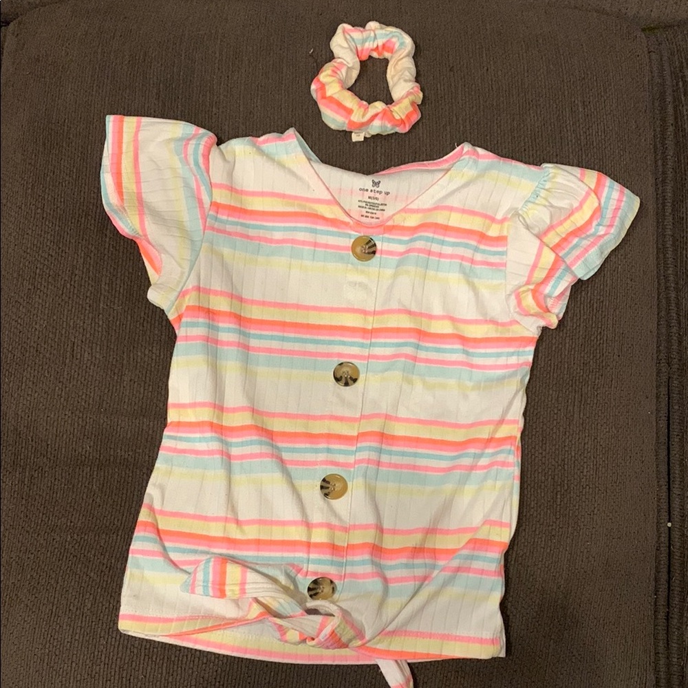 Colorful Striped Button-Down Top with Scrunchie